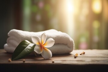 towel with frangipani flower on wooden table