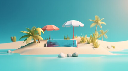 Palms and beach, Beach umbrella and Smart phone on sand. Travel and Summer vacation concept