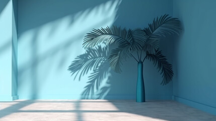 Empty palm shadow blue color texture pattern cement wall background. Used for presentation business