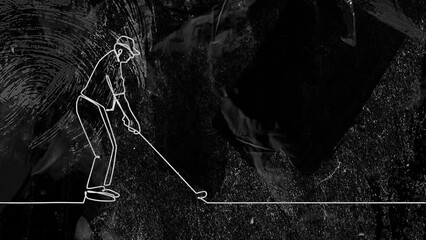 Animation of drawing of male golf player and shapes on black background
