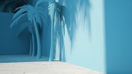 Empty palm shadow blue color texture pattern cement wall background. Used for presentation business