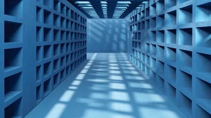 Cool tone hallway in anime style, light blue cartoon background. Empty shadow blue wall background