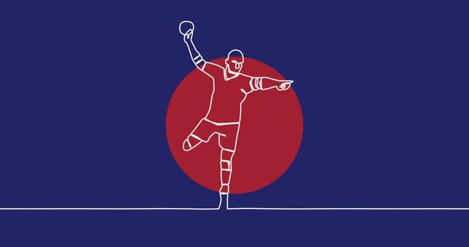 Animation of drawing of male handball player throwing ball and red spots on blue background