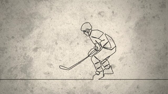 Animation of drawing of male hockey player and shapes on white background