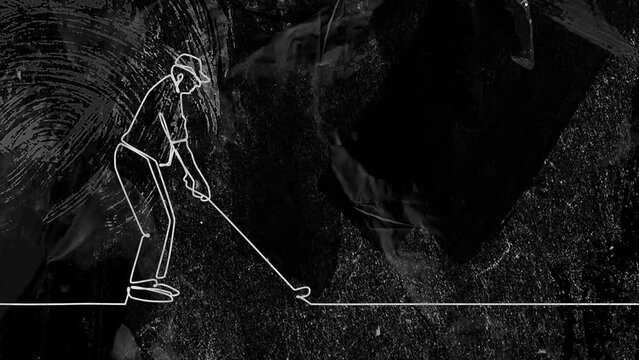 Animation of drawing of male golf player and shapes on black background