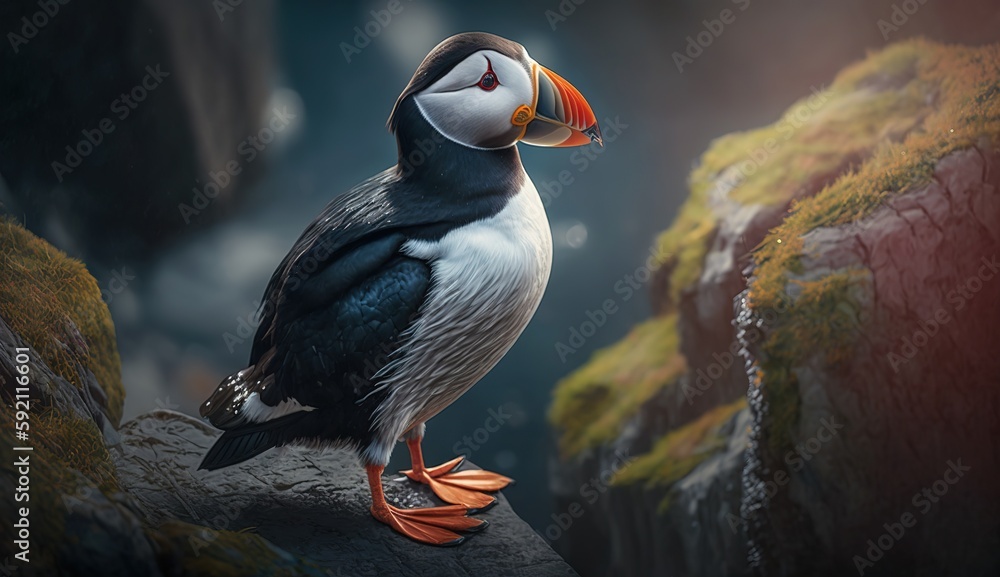 Poster a puffin from the atlantic can be seen perched vertically on a boulder in the norwegian countryside.