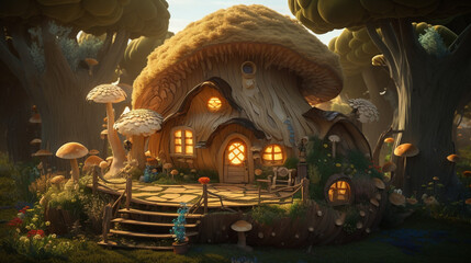 A fairytale village with bright houses. Fairy log house 3D illustration
