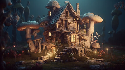 Magic forest village landscape with little houses. Flower and mushroom fantasy homes for gnomes