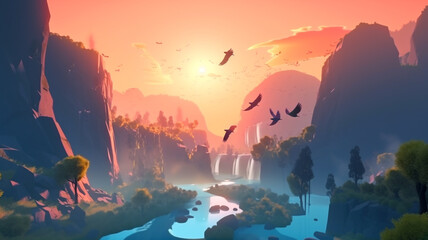 Fantastic fairy tale background. Illustration of a mountain dawn landscape with waterfalls and birds