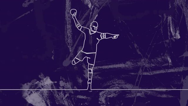 Animation of drawing of male handball player throwing ball and shapes on blue background
