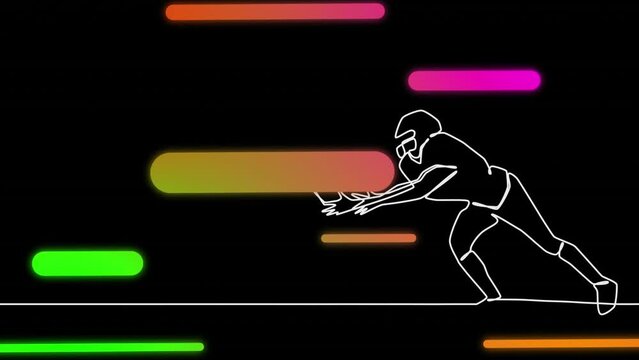 Animation of drawing of male rugby player and shapes on black background