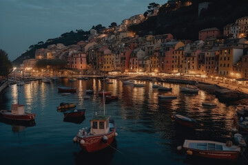 Fototapeta premium Mystic landscape of the harbor with colorful houses and the boats in Porto Venero, Italy, Liguria in the evening in the light of lanterns created with Generative AI technology