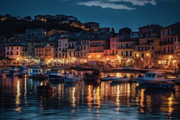 Mystic landscape of the harbor with colorful houses and the boats in Porto Venero, Italy, Liguria in the evening in the light of lanterns created with Generative AI technology