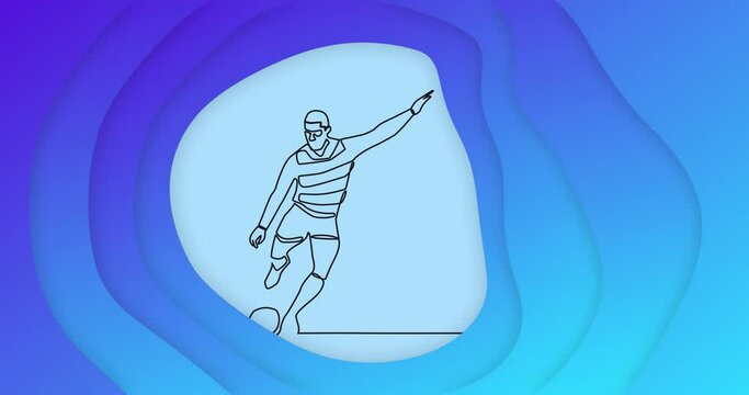 Animation of drawing of male rugby player kicking ball and shapes on blue background