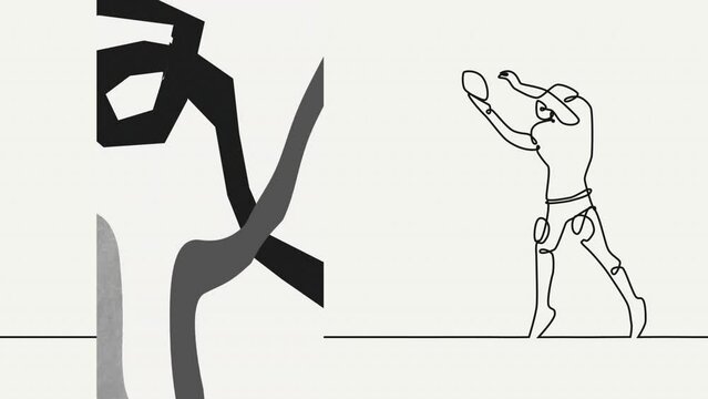 Animation of drawing of male rugby player catching ball and shapes on beige background