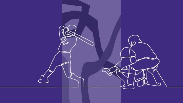 Animation of drawing of male baseball players and shapes on blue background