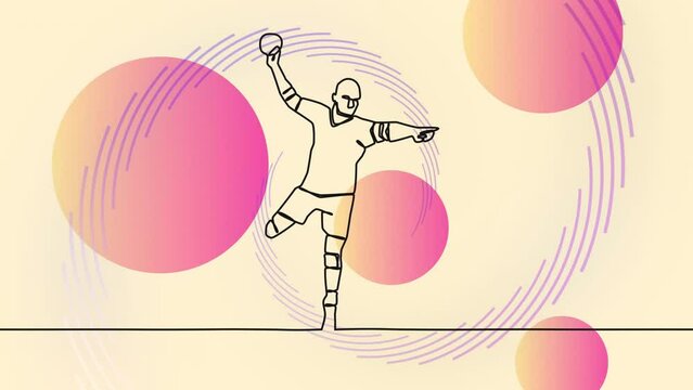 Animation of drawing of male handball player throwing ball and shapes on beige background