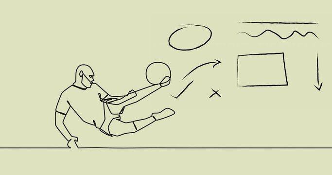 Animation of drawing of male soccer player kicking ball and shapes on beige background