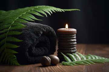 towel with tropical leaf and candle on the table