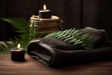 Fototapeta na wymiar towel with tropical leaf and candle on the table
