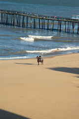 Horseback riding on the beach with a wooden pier in the background. 
