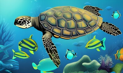 Green Sea Turtle cruises in the waters of the Pacific Ocean. Royalty high-quality free stock Sea turtle swimming in crystal clear water. Amazing crystalline seabed. Reef full of life. Generative AI