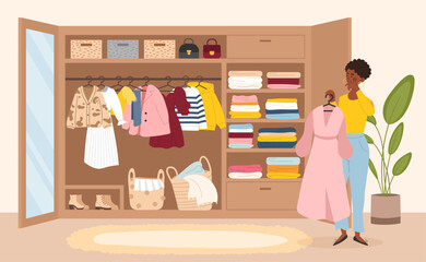 Tidy wardrobe concept. Woman with pink dress in her hands stands near closet. Fashion, trend and style. Young girl chooses clothes and shoes, makes decision. Cartoon flat vector illustration