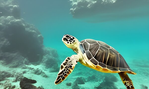 Green Sea Turtle cruises in the waters of the Pacific Ocean. Royalty high-quality free stock Sea turtle swimming in crystal clear water. Amazing crystalline seabed. Reef full of life. Generative AI