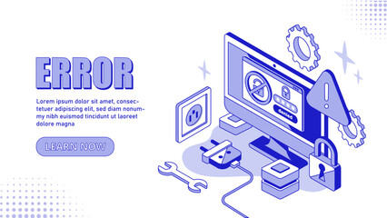 Error banner concept. Computer monitor with error. Incorrect link and program or application code, page 404. Technical support. Landing page design. Cartoon isometric vector illustration
