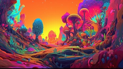 Fototapeta na wymiar Psychedelic landscape with vibrant colors and a trippy design created with generative AI technology