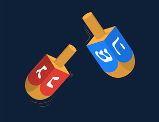 Hanukkah dreidels concept. Red and blue wooden figurines with signs. Design element for greeting and invitation postcard. Traditional Jewish holiday, Judaism. Cartoon flat vector illustration