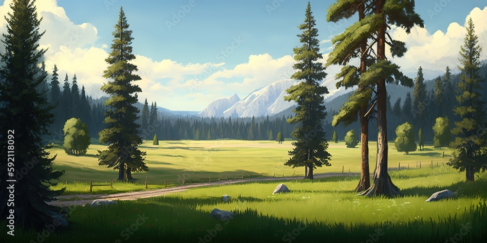Poster view of green meadows on the background of coniferous tall trees generative ai