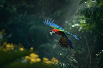 red macaw flying on the forest