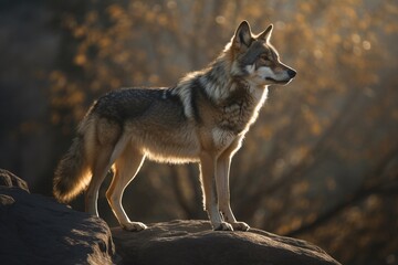 Obraz premium wolf standing on stone in the forest
