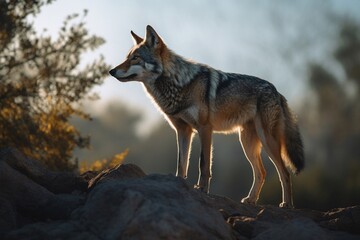Fototapeta premium wolf standing on stone in the forest