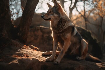 wolf above on stone in the forest