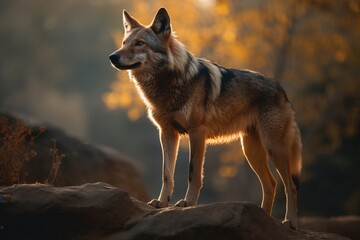 Obraz premium wolf standing on stone in the forest