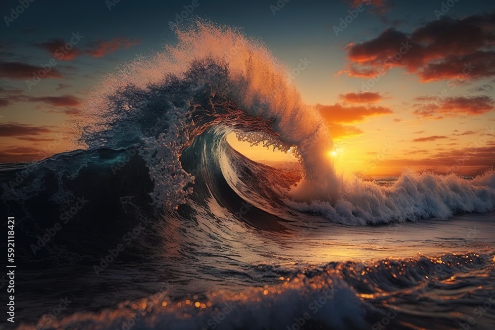 Poster foamy waves from the ocean approach the coast in this vertical image of the sunset. generative ai
