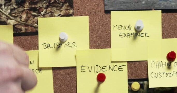 Detective's hand wraps red string around pins holding notes on criminal progress on case