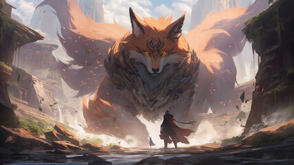 Girl facing the giant fox