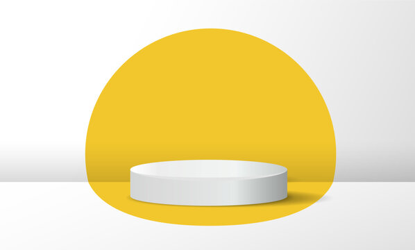 Podium with yellow round. Pedestal and stage for presentation and advertising. Special offer and marketing. Template, layout and mock up. Realistic 3D vector illustration