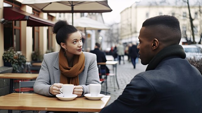 Happy couple at a cafe in Europe. Conversation and lunch in the city at a table in a restaurant.