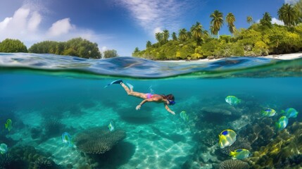Island holiday vacation on the beach. Swimming and snorkeling underwater with coral reef and fish.