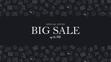 Fototapeta na wymiar Big sale banner. Special and limited offer, 70 percent off. Discounts and promotions, marketing and advertising banner for website. Online shopping and ecommerce. Cartoon flat vector illustration