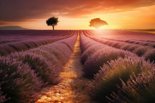 Stunning lavender field landscape Summer sunset created with Generative AI technology