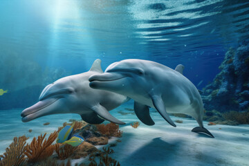 Fototapeta premium A vibrant underwater scene for World Oceans Day featuring a playful dolphin pod swimming among the coral reef in their natural habitat.
