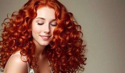 Redhead woman with healthy long and curly hair, generative ai image