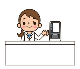 顔認証付きカードリーダーを案内する薬剤師さん