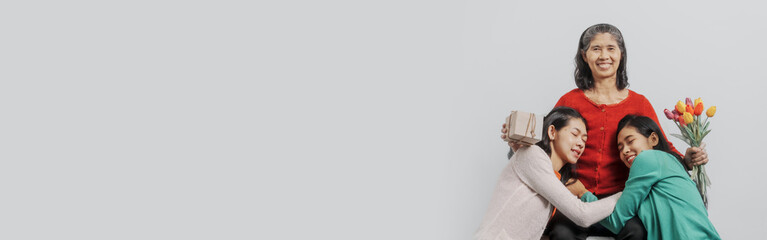 Mother's day, woman birthday anniversary, Senior elderly mature asian millennial grandmother with...