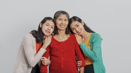 Mother's day, woman birthday anniversary, Senior elderly mature asian millennial grandmother with female daughter only women three people twin grand sister and young sister, real family person.